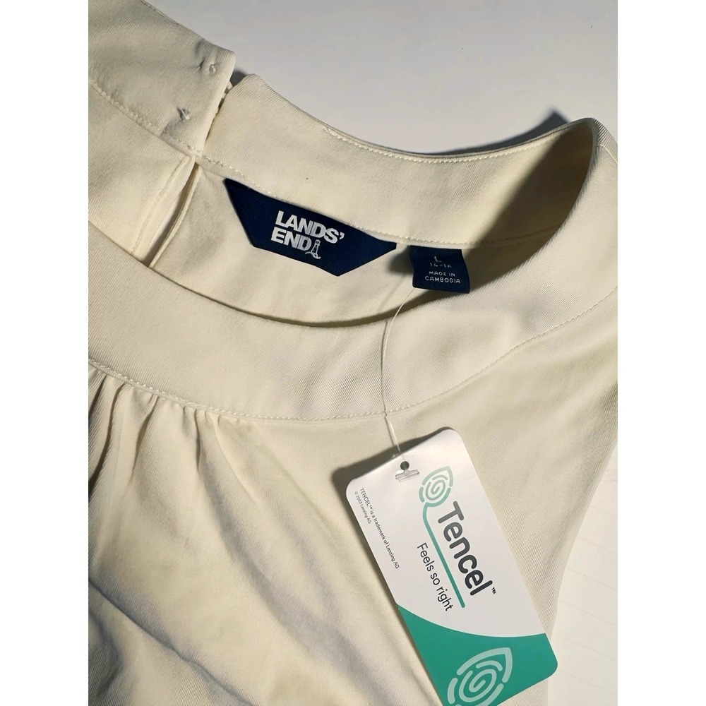 Lands End Women Cream Tencel Pleated High Neck Sleeveless Shell Top NWT Large